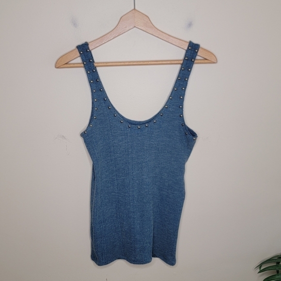 POL | Blue Ribbed Scoop Neck Tank Top with Stud Details Size Large - Picture 4 of 4